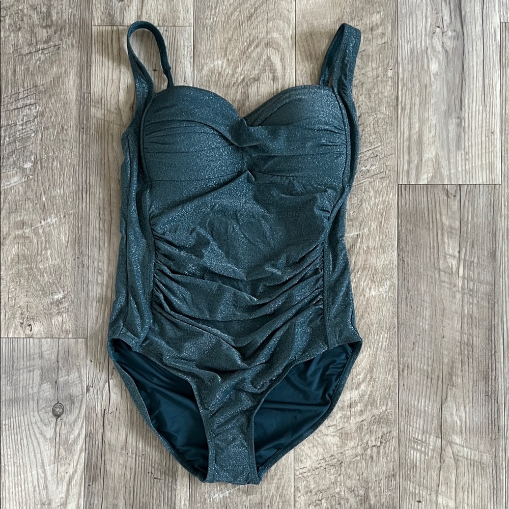 NWOT Nip Tuck Emerald Metallic Ruched One Piece.